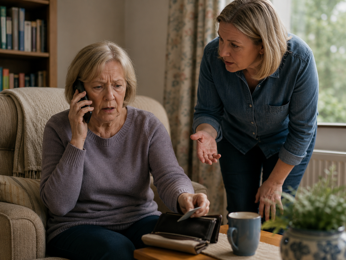 Older woman sitting in an armchair holding a bank card and phone with a worried expression, while a concerned family member stands beside her.
