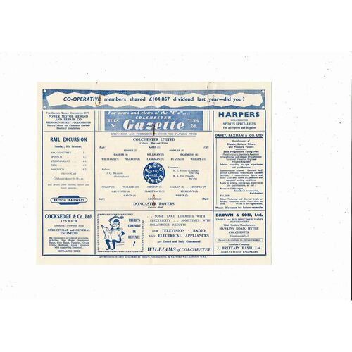 1958/59 Colchester United v Doncaster Rovers Football Programme