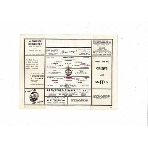 1956/57 Brentford v Swindon Town Football Programme