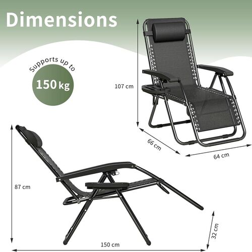 mcc direct Zero Gravity Reclining Chair Set of 1 – Folding Outdoor & Garden Chairs with Textilene Fabric, Cup Holder and Headrest Pillow – TEXTILENE