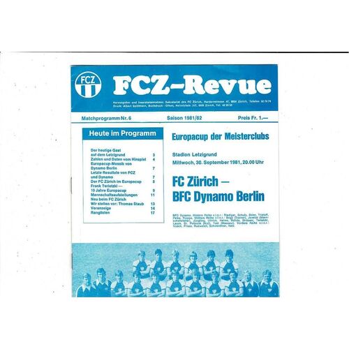 FC Zurich v FC Dynamo Berlin European Cup Football Programme 1981/82