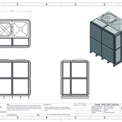 PW.2X1.5X2.TIF.AG - 7627 LITRE SECTIONAL WATER TANK, TOTALLY INTERNALLY FLANGED (TIF)