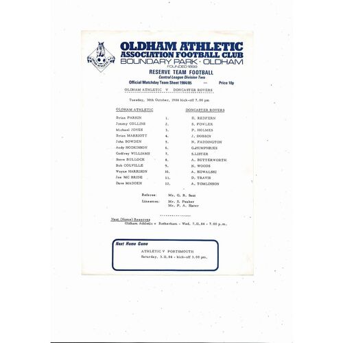 Oldham Athletic v Doncaster Rovers Central League Football Programme 1984/85