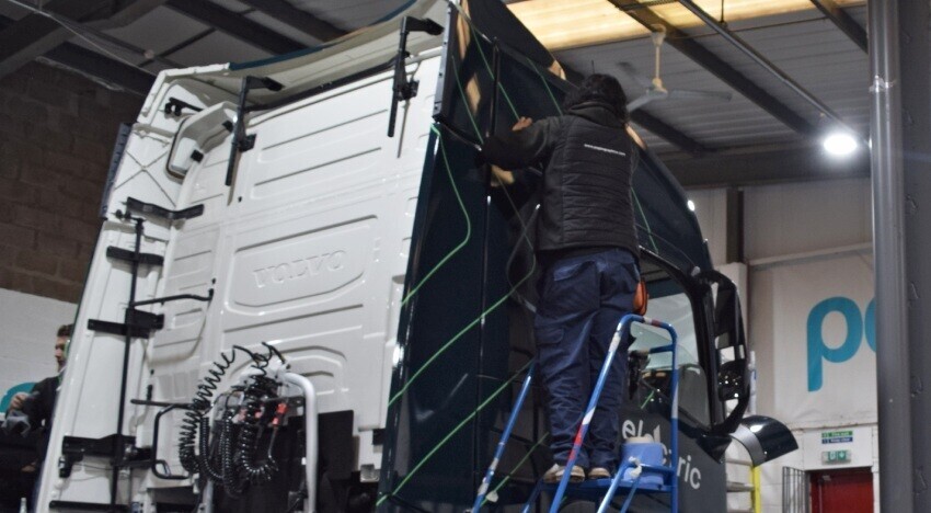 Vehicle wrap being installed onto a Volvo lorry at Popin in Cardiff.