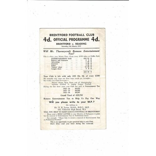 1956/57 Brentford v Reading Football Programme