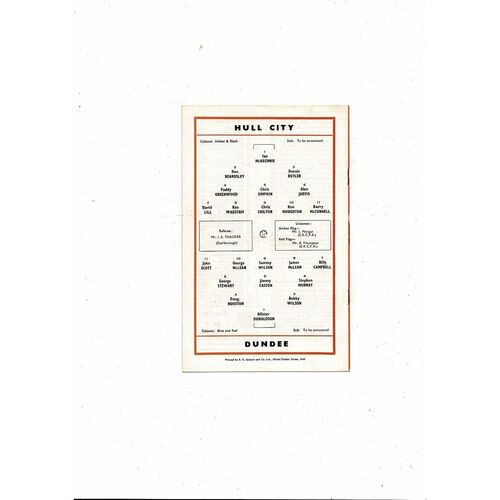 Hull City v Dundee Friendly Football Programme 1967/68