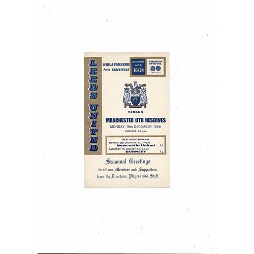 Leeds United v Manchester United Central League Football Programme 1966/67 19th December