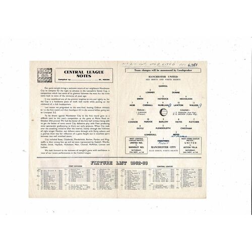 Manchester United v Manchester City Central League Football Programme 1962/63 November