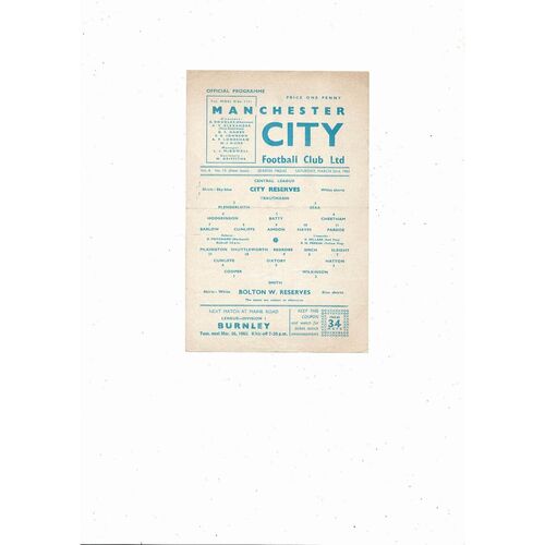 Manchester City v Bolton Wanderers Central League Football Programme 1962/63
