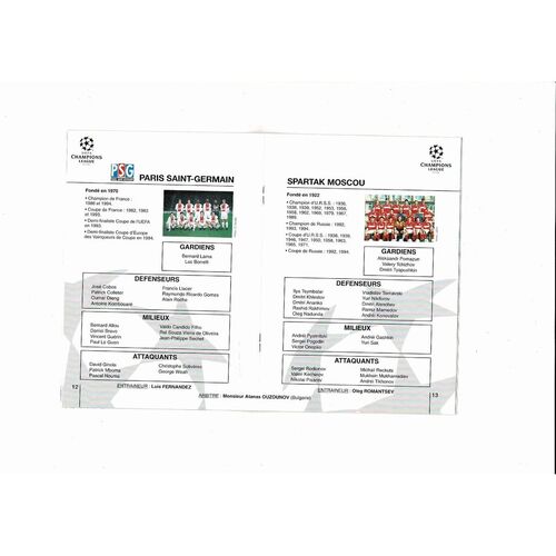 Paris St Germain v Spartak Moscow UEFA Champions League Football Programme 1994/95