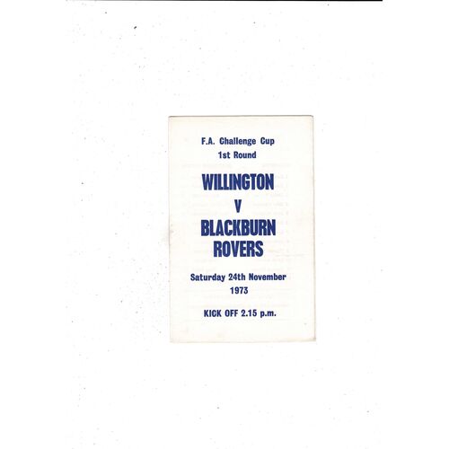 Willington v Blackburn Rovers FA Cup Football Programme 1973/74