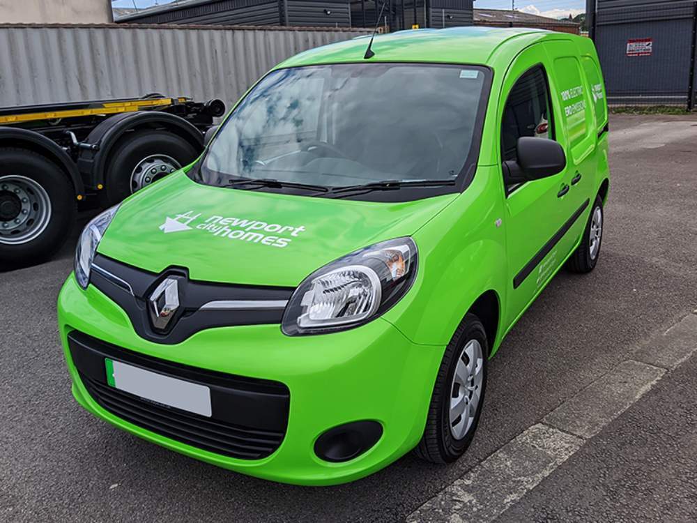 Renault Kangoo Van E-Tech Newport City Homes electric company vehicle with green livery.