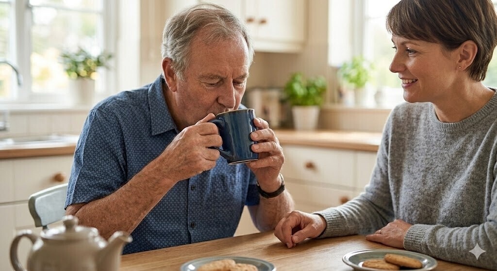A close-up of an elderly man with hand tremors using a weighted blue mug with a supportive woman present at a kitchen table, illustrating adaptive tools for Parkinson's independence.