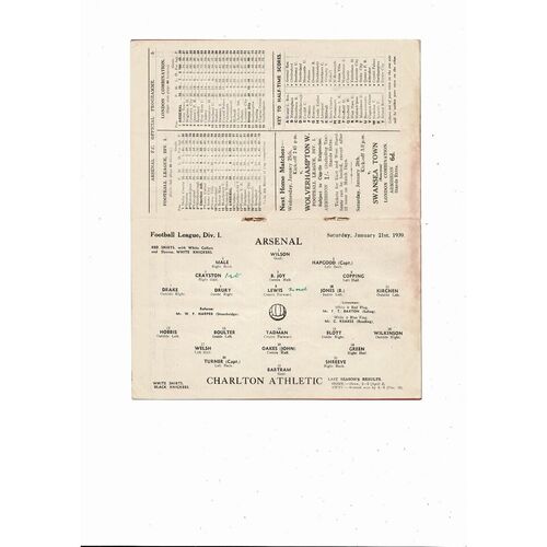 1938/39 Arsenal v Charlton Athletic Football Programme