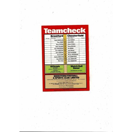 1981/82 Brentford v Chesterfield Football Programme
