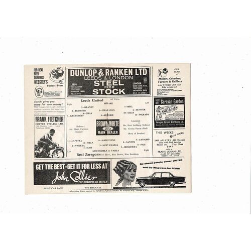 1966 Leeds United v Real Zaragoza UEFA Fairs Cup Semi Final Football Programme May