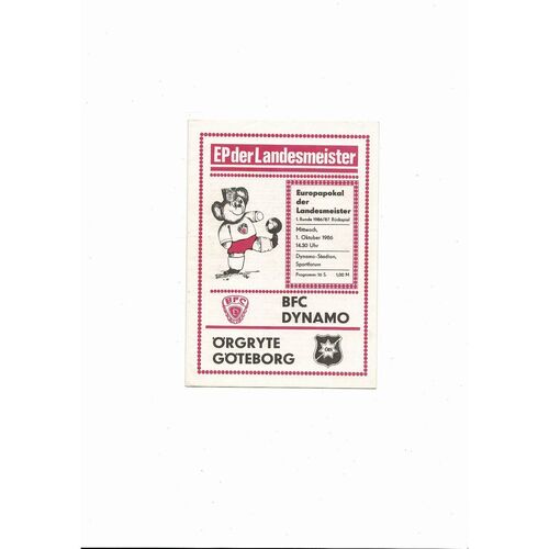 Dynamo Berlin v Gothenburg European Cup Football Programme 1986/87
