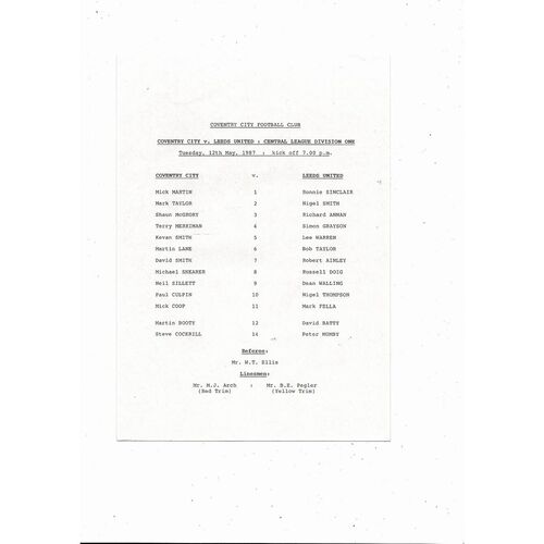 Coventry City v Leeds United Central League Football Programme 1986/87