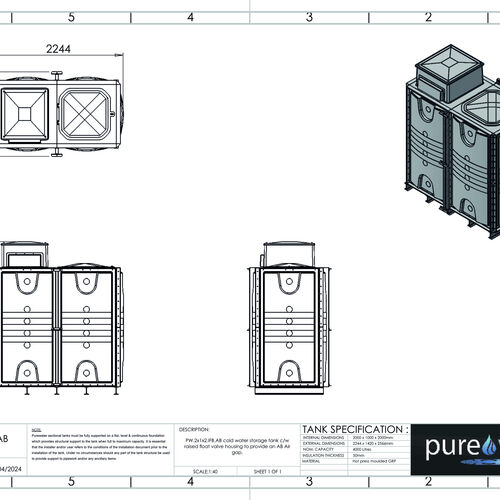 PW.2X1X2.IFB.AB - 4000 LITRE SECTIONAL WATER TANK, INTERNALLY FLANGED BASE (IFB) C/W FVH