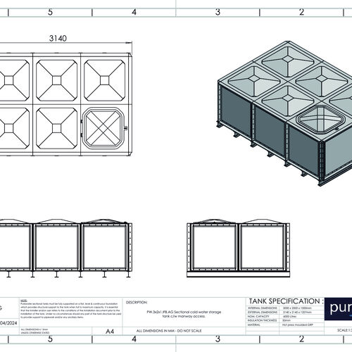 PW.3X2X1.IFB.AG - 6000 LITRE SECTIONAL WATER TANK, INTERNALLY FLANGED BASE (IFB)
