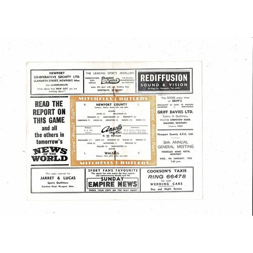 1955/56 Newport County v Walsall Football Programme