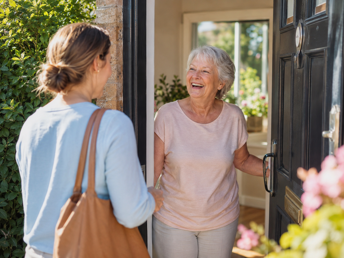Older woman smiling at the front door as a familiar visitor arrives for a summer wellbeing check.