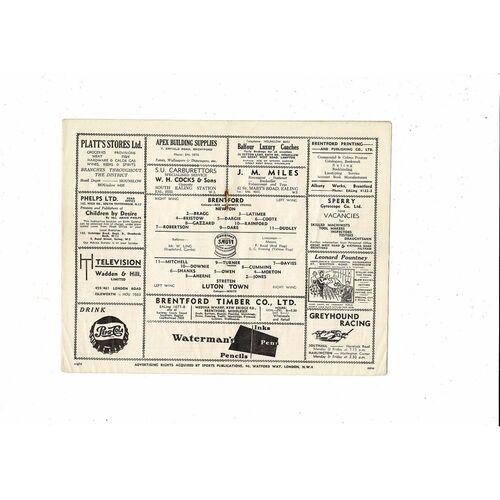 1953/54 Brentford v Luton Town Football Programme