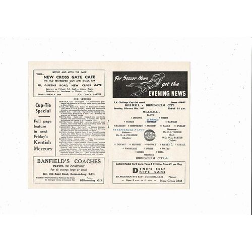 1956/57 Millwall v Birmingham City FA Cup Football Programme
