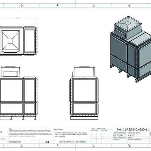 PW.1.5X1X1.5.TIF.AB - 3130 LITRE SECTIONAL WATER TANK, TOTALLY INTERNALLY FLANGED (TIF) C/W FVH