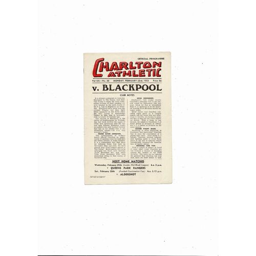 1952/53 Charlton Athletic v Blackpool Football Programme