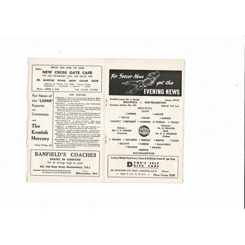 1956/57 Millwall v Southampton Football Programme