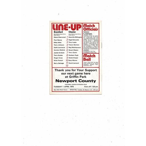 1974/75 Brentford v Chester City Football Programme