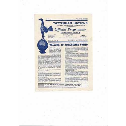 1958/59 Tottenham Hotspur v Manchester United Football Programme