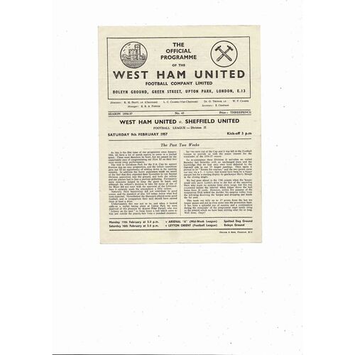 1956/57 West Ham United v Sheffield United Football Programme