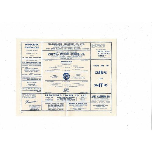 1960/61 Brentford v Bury Football Programme