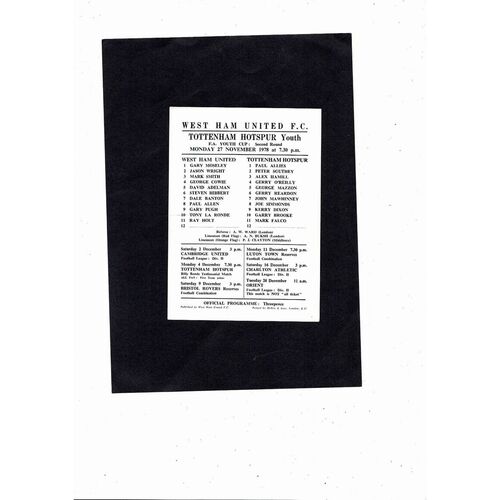 1978/79 West Ham United v Tottenham Hotspur FA Youth Cup Football Programme