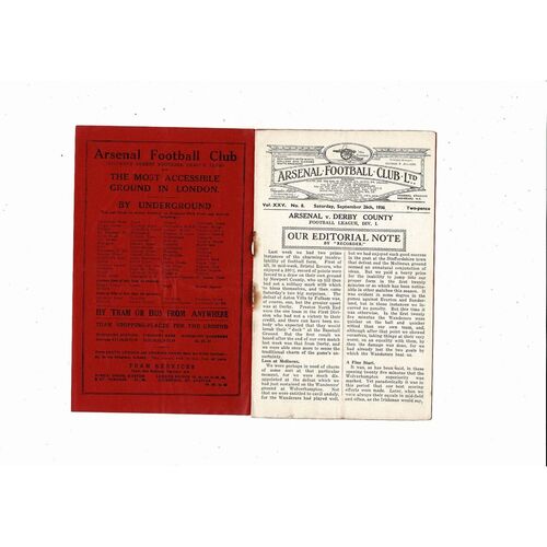 1936/37 Arsenal v Derby County Football Programme