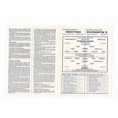 1959/60 Tottenham Hotspur v Burnley Programme - Burnley Championship Season