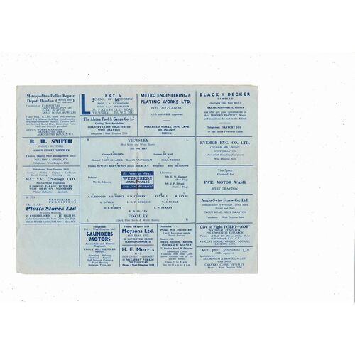 Yiewsley v Finchley FA Cup Football Programme 1961/62