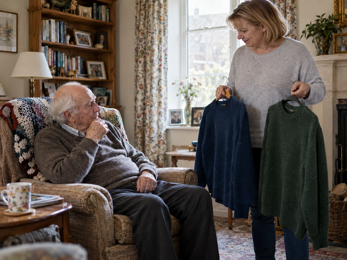 Older man seated in a living room while a woman holds up a blue jumper and a green jumper for him to choose between.