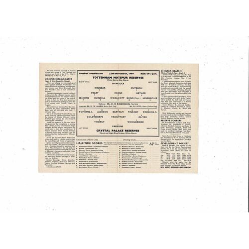 Tottenham Hotspur v Crystal Palace Football Combination Programme 1969/70