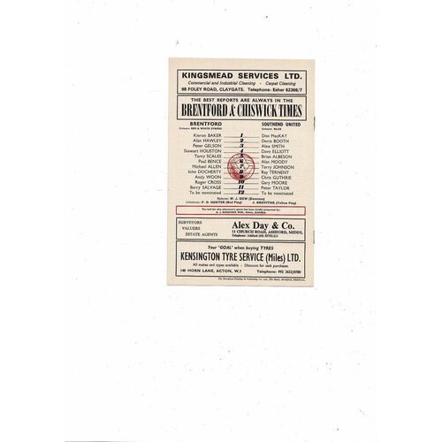 1972/73 Brentford v Southend United Football Programme