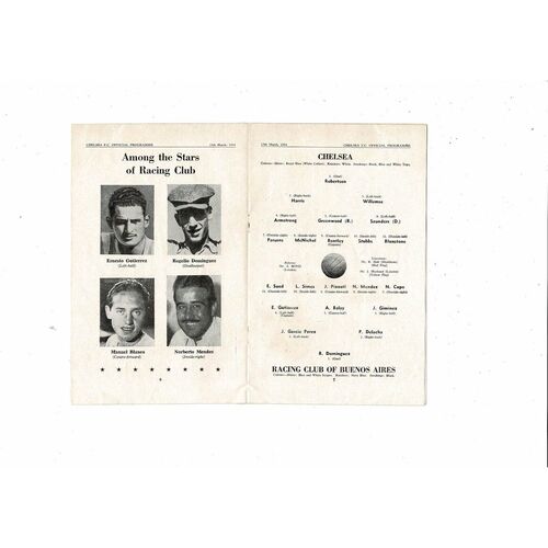 Chelsea v Racing Club Friendly Football Programme 1953/54