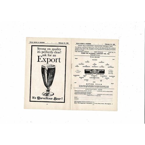 1961/62 Aston Villa v Fulham Football Programme