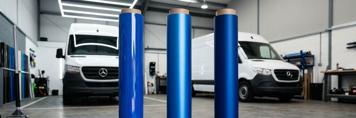Three rolls of racing blue vehicle vinyl wrap in gloss, satin, and matte finishes standing in a professional installation studio.