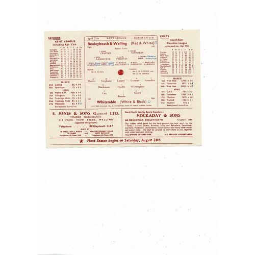 1956/57 Bexleyheath & Welling v Whitstable Kent League Football Programme