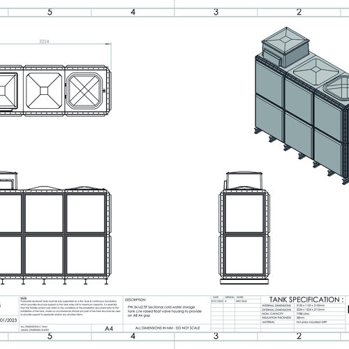 PW.3X1X2.TIF.AB - 7788 LITRE SECTIONAL WATER TANK, TOTALLY INTERNALLY FLANGED (TIF) C/W FVH