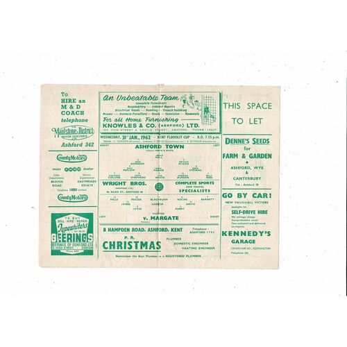 1961/62 Ashford Town v Margate Kent Cup Football Programme