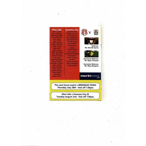 Afon Lido v Coventry City Friendly Football Programme 2011/12
