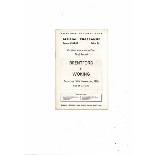 Brentford v Woking FA Cup Football Programme 1968/69